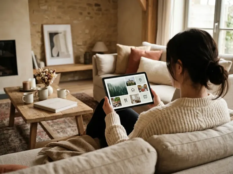 Gast schaut sich den digitalen Gästeguide der Unterkunft auf einem Tablet an