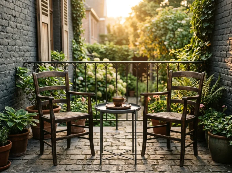 Ruhige Terrasse mit zwei Stühlen in der Abendsonne: die Freizeit, die professionelle Verwaltung zurückgibt