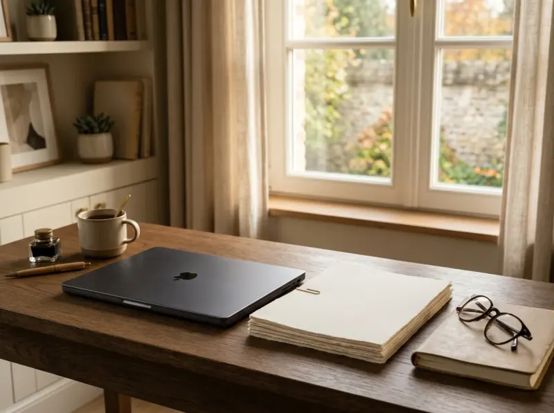 Bureau met een opbrengstrapport en laptop
